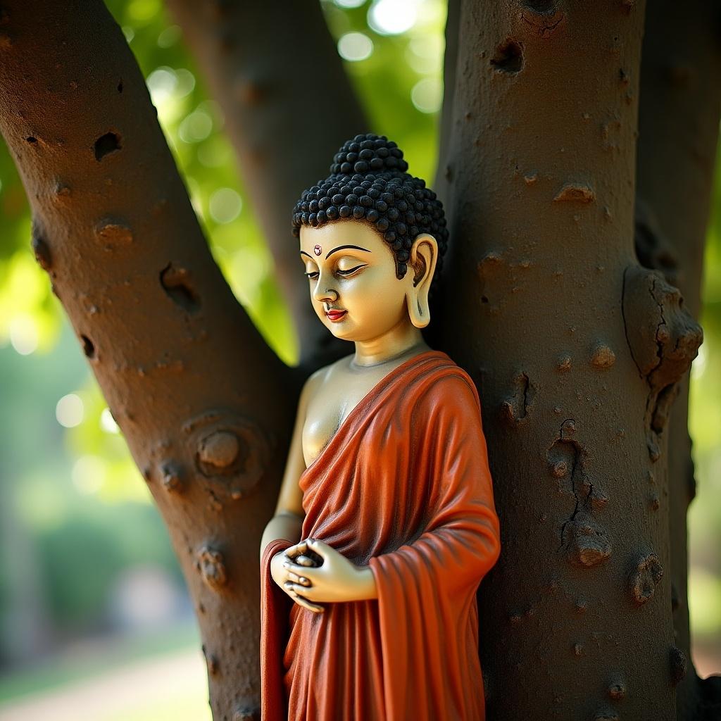 Buddha statue in traditional attire against a peepal tree with natural lighting emphasizing earthy tones.