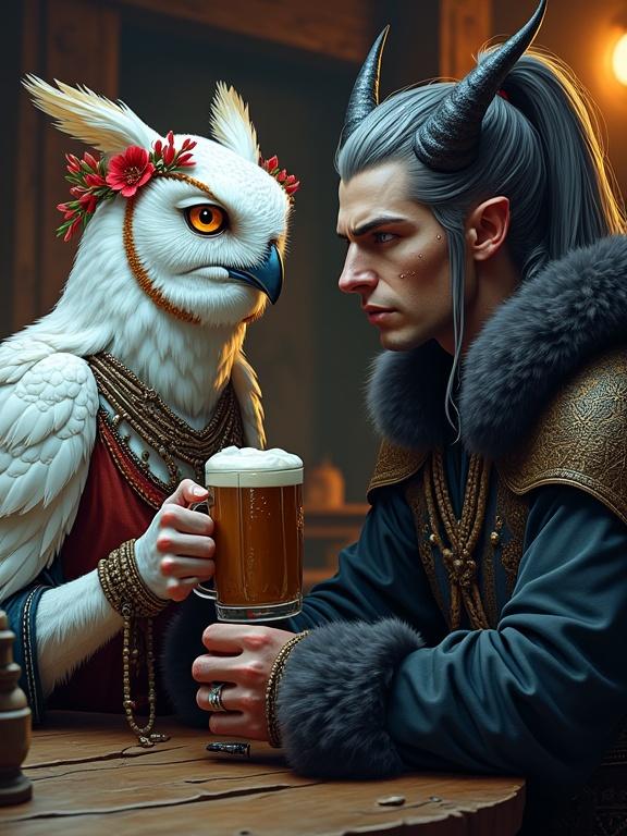 Comic style illustration of a tall male tiefling with ash-gray skin and amber eyes. He has long silver hair in a ponytail and curved black horns. Beside him is an anthropomorphic white owl with furnishings from Slavic folklore. They are seated at a bar counter sharing wooden mugs of beer under soft lighting.