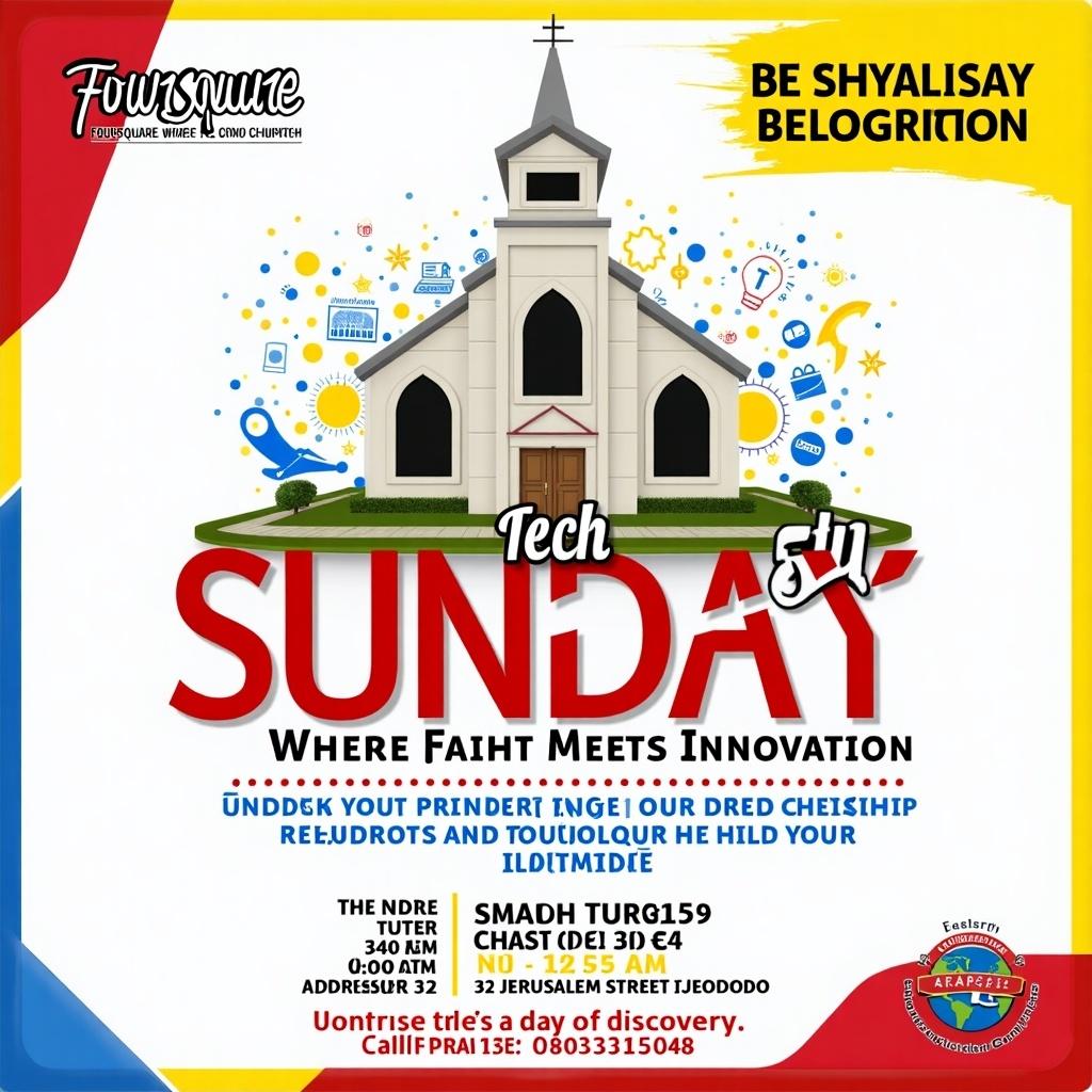 Flyer for Tech Sunday at Foursquare Gospel Church. Details for date time location and contact are included. Emphasis on faith and technology.