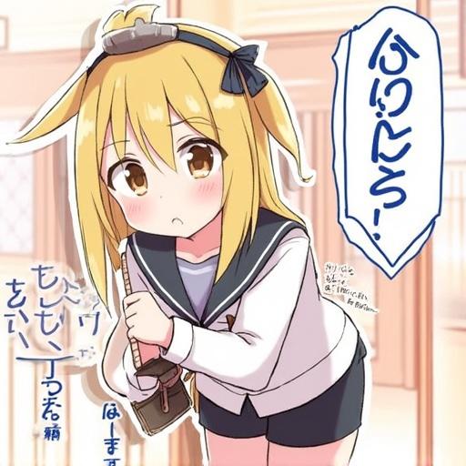 anime character with blonde hair wearing a school uniform holding a bag and looking shy
