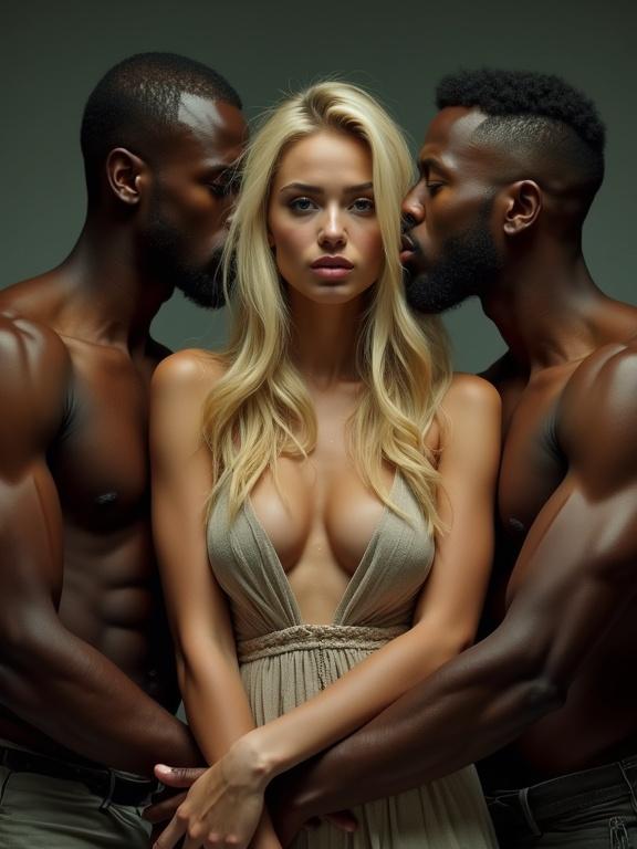Blonde-haired woman in sundress captured by two muscular men. Dark industrial background emphasizes intensity. Low-resolution image with oversaturated colors.