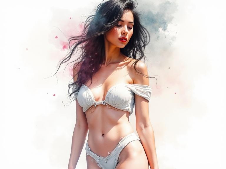Mesmerizing artwork blends styles of Willem Haenraets and Carne Griffiths with watercolors. Subject in bikini surrounded by bright white space. Artwork evokes chaotic beauty.