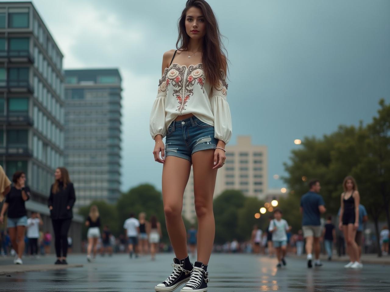 The image shows a young woman standing in a stylish pose outside in an urban environment. She is wearing a loose, white top with intricate embroidery and denim shorts. Her long hair falls over one shoulder, giving her a casual yet chic appearance. On her feet, she is sporting fashionable high-top sneakers with buckles. The background features a modern building under a dusky sky, and the ground appears wet, suggesting recent rain. There are other people in the background, creating a lively atmosphere.