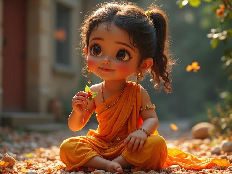 A small child in a traditional orange outfit sitting in nature. The child is looking curiously at a leaf while surrounded by gentle sunlight and foliage.