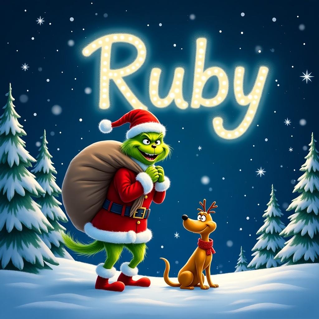 Charming snowy landscape features a vibrant Grinch writing 'Ruby' in glowing letters in the night sky. The Grinch dressed in red with fluffy white trim carries a large sack. Beside him is a friendly dog named Max, looking joyful. Background with a blue night sky, twinkling stars, and snowflakes with pine trees around them.