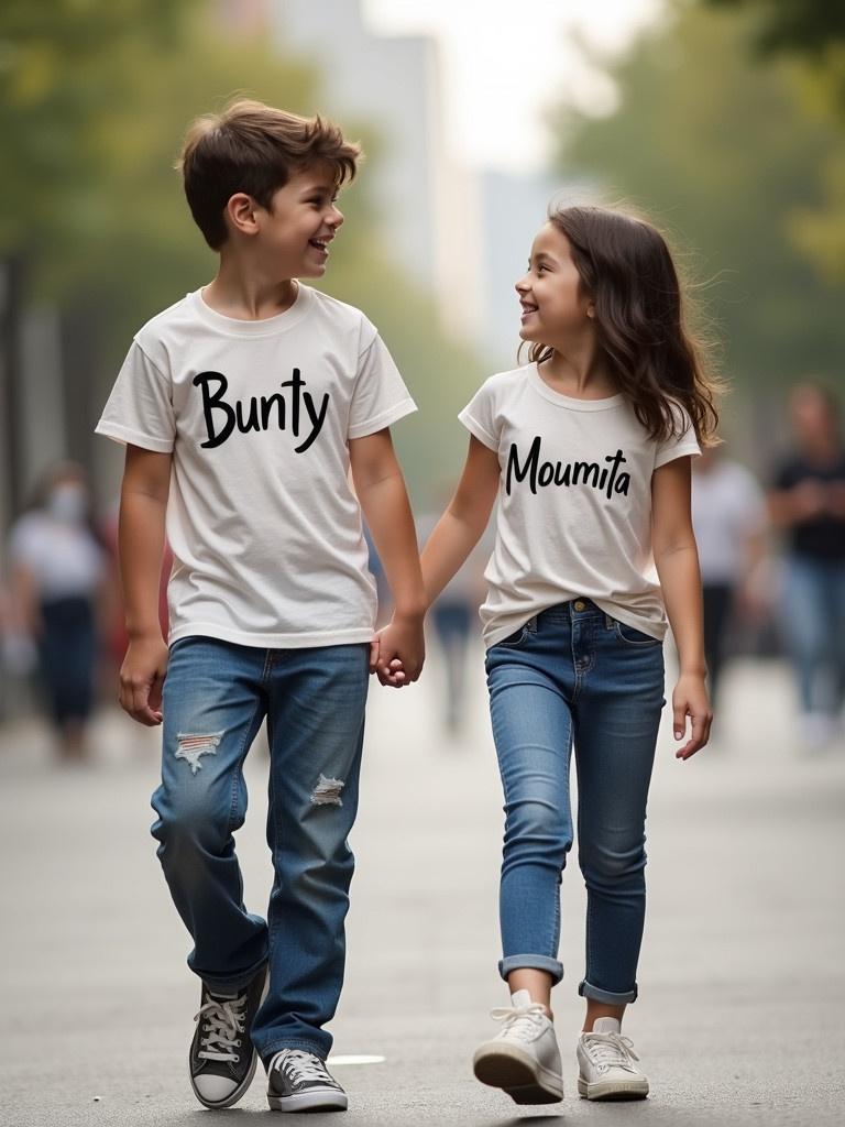 A boy and a girl walk down the street. They hold hands and smile. The boy wears a T-shirt that says Bunty. The girl wears a T-shirt that says Moumita. They both have denim jeans.