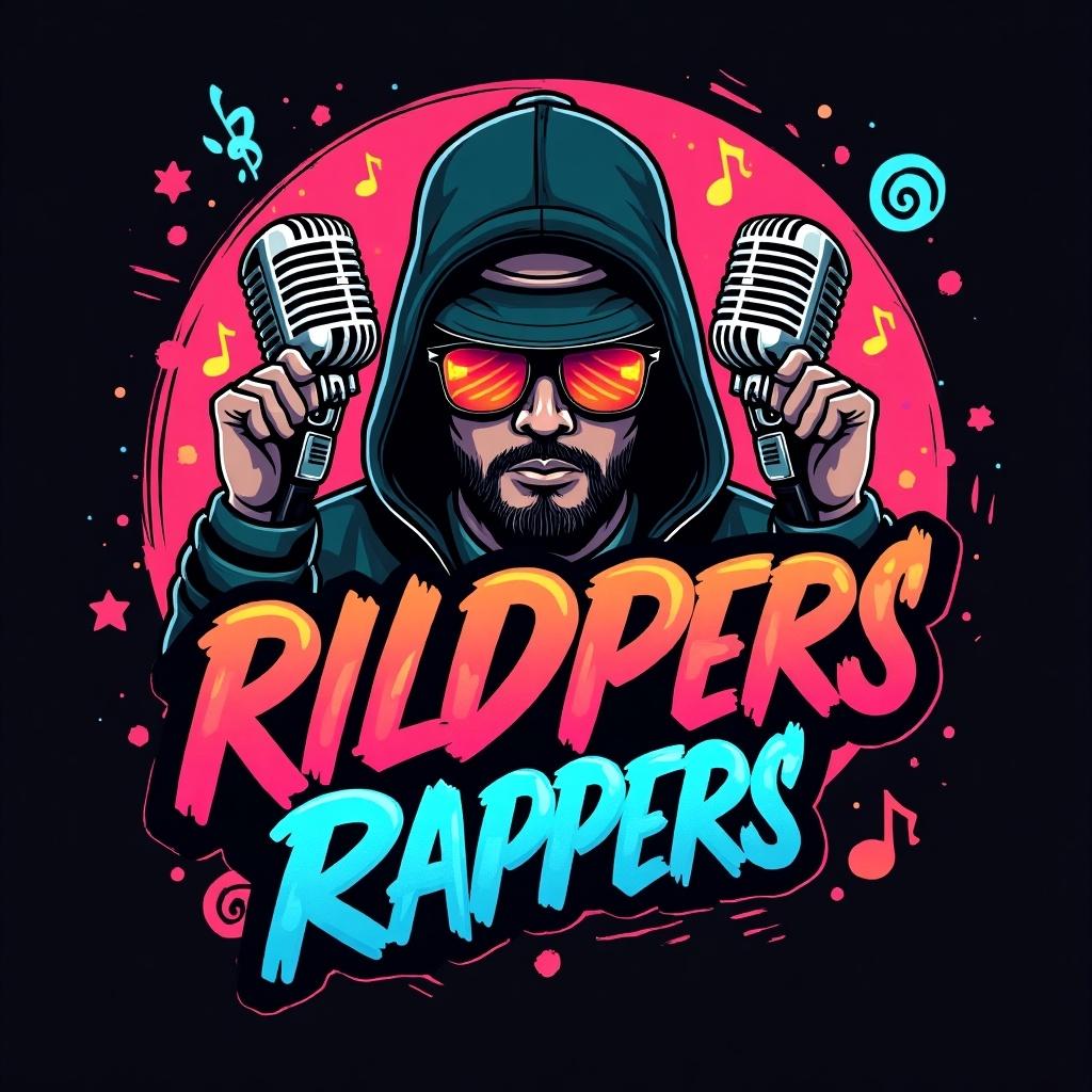 This image is a colorful and vibrant logo design for a fanpage dedicated to Indian rappers. The central figure is depicted with sunglasses and a hoodie, combining elements of hip-hop culture. Surrounding him are two microphones, symbolizing music and performance. The background features musical notes and swirls, accentuating the energetic vibe. The text 'RILD PERS RAPPERS' is prominently displayed in bold, stylized typography. The overall aesthetic merges modern graphic design with urban music themes in an eye-catching way.