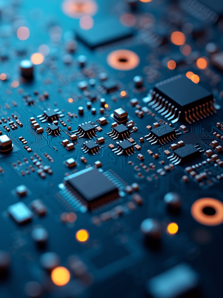 A detailed close-up view of an electronic circuit board with glowing elements.