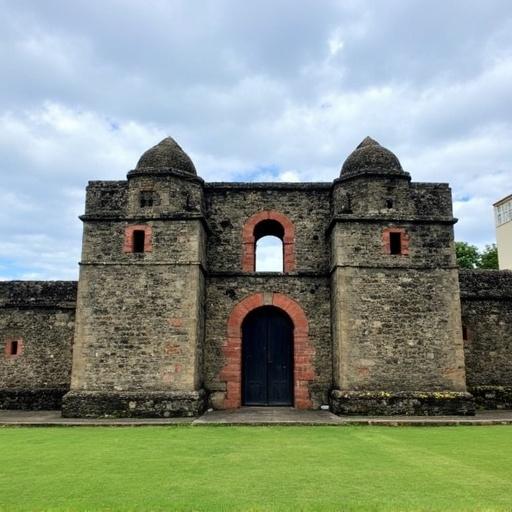 Image of Fuerte de San Andrés located in Cartagena de Indias. The structure features stone walls and distinct towers. The main entrance is centered. The surrounding area is grassy with a backdrop of a cloudy sky.