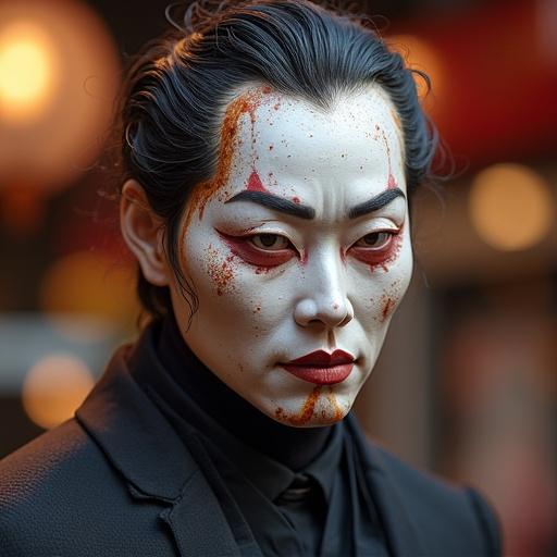 Portrait of a character with dramatic makeup inspired by Kabuki. Face has elaborate red and white designs with intense expression. Character wears a dark suit. Soft lighting highlights details. Close-up perspective emphasizes features.