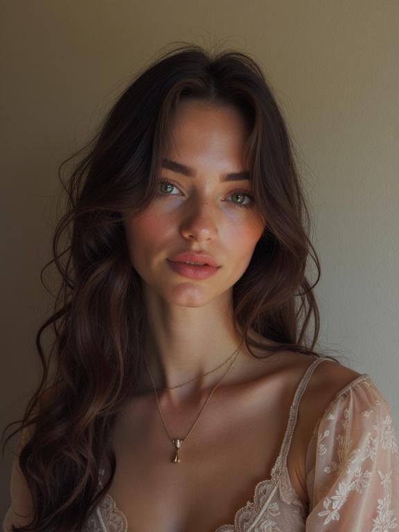 A young woman with long wavy hair and natural makeup. She wears a soft, delicate blouse. The background is a neutral beige color. The lighting is soft and highlights her features.