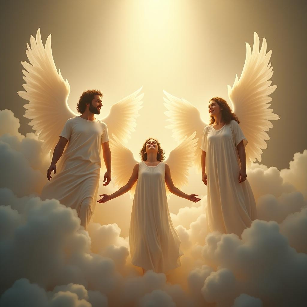 Three ethereal figures with wings representing Father, Son, and Holy Spirit. Soft colors and heavenly glow. Celestial atmosphere with clouds.