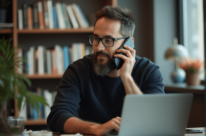 A bearded man is sitting at a desk, talking on the phone, surrounded by books and a laptop.