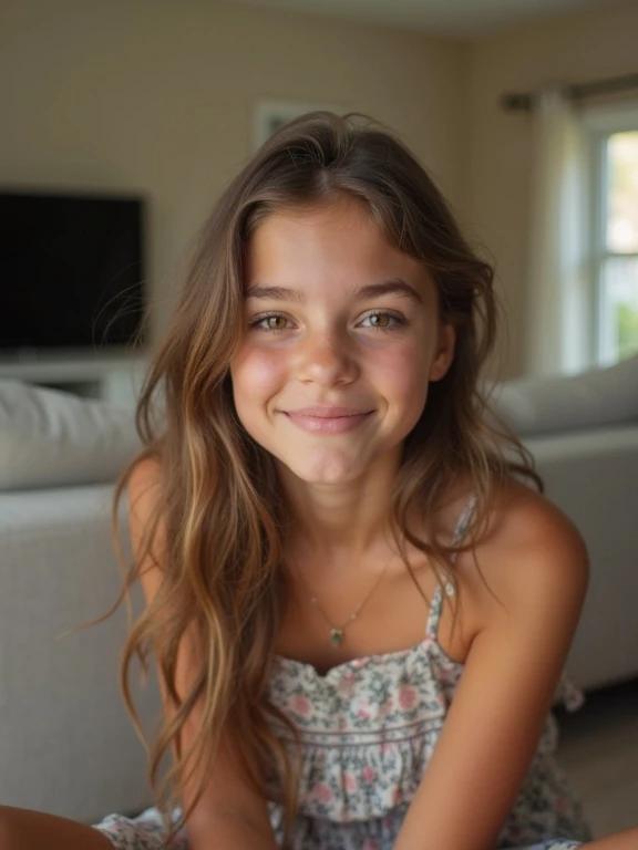 Full frame photo of a teen girl sitting in a living room. She has long hair and is wearing a mini sundress. The image has a soft and casual vibe. It captures a flirty smile in a natural environment. The colors are bright and vibrant, typical of older phone cameras.