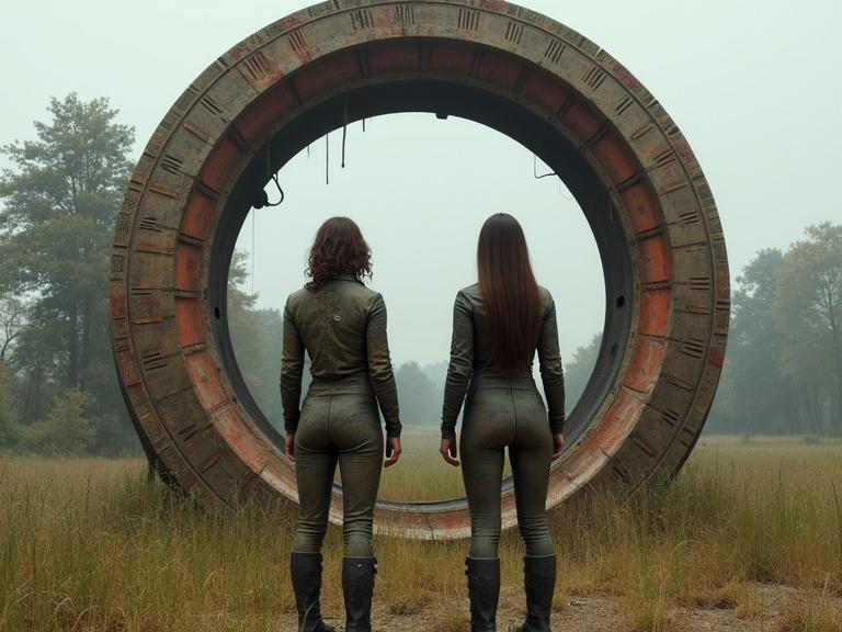 Two women in patched flight suits standing in front of a Stargate replica in a rural setting. They display ambition and ingenuity. Behind them is tall grass and trees. The atmosphere is overcast and foreboding.