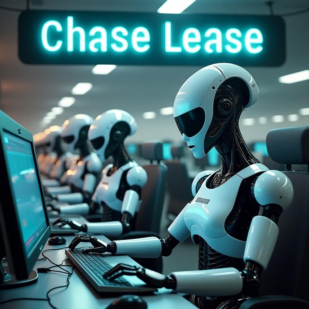 Image of humanoid robots wearing sunglasses working on computers in a futuristic office setting. Banner says 'Chase Lease Processing Center'.