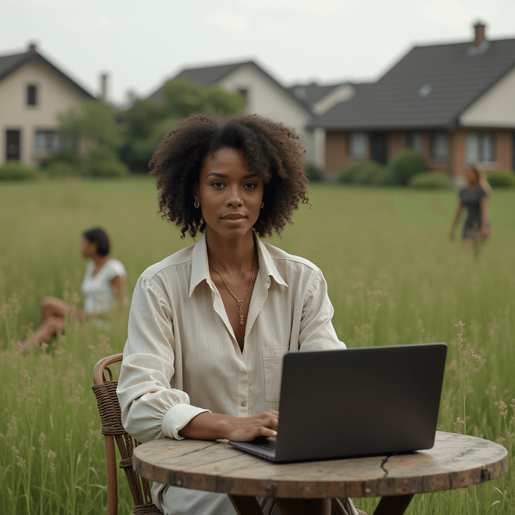 A woman working on a laptop at an outdoor table in a serene, grassy setting with houses in the background.