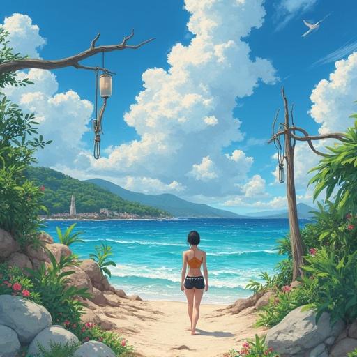 A girl stands on a beach looking at the ocean. The scene captures bright blue skies, fluffy clouds, and a distant coastline. Lush green plants frame the path to the water. The atmosphere feels serene and introspective.