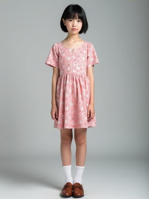Young adult stands before a neutral gray background. Wearing a pink floral sundress. Accompanied by knee-length white socks. Wearing brown leather loafers. Short black hair styled with a male presentation. Outfit reflects feminine fashion choices. Neutral posture facing the camera. Soft studio lighting and shallow depth of field.