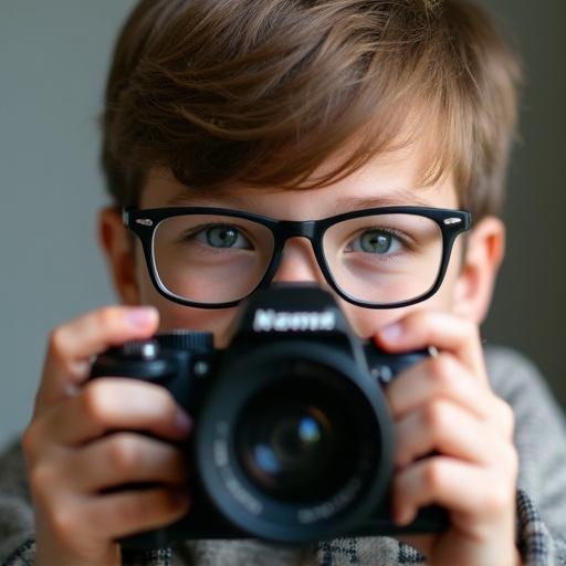 A young boy with brown hair wearing glasses is holding a DSLR camera. It's a close-up shot focusing on his face and the camera.