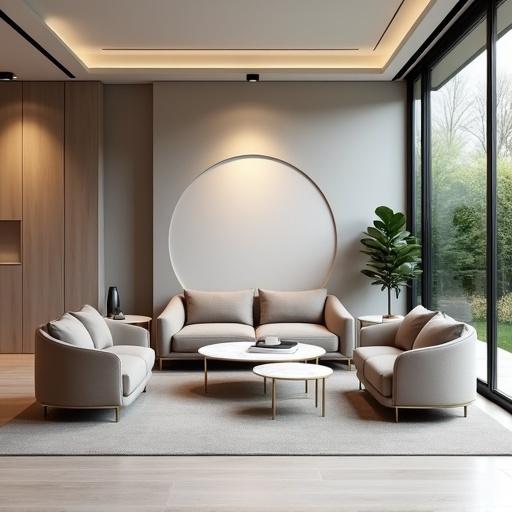 Interior render of modern lounge area. Symmetrical furniture layout with taupe armchairs and matching sofa in a U-shape. Two round nesting coffee tables with white marble tops over soft light-gray rug. Light neutral-toned flooring. Background wall has light gray plaster texture with minimalist wall art. Indirect warm lighting and natural light from black-framed glass curtain wall. Tall indoor plant in the corner and decorative elements on side tables.