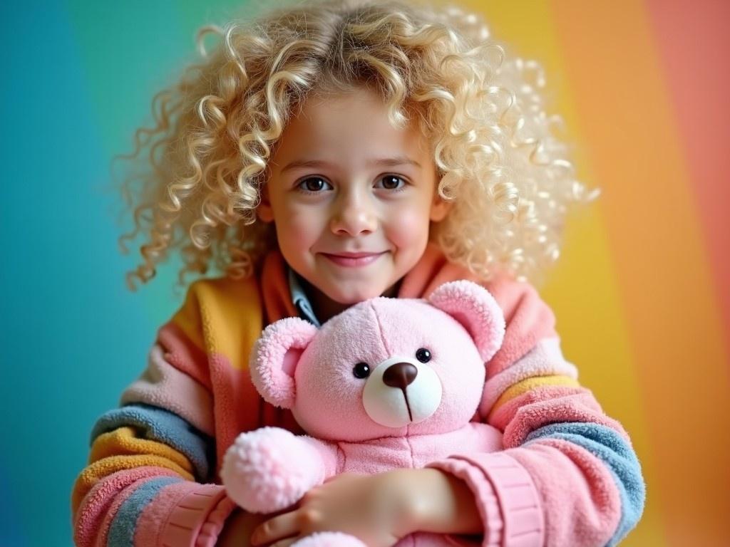 The image features a cute 10-year-old girl with curly blonde hair, wearing a colorful outfit layered with different clothes. She holds a soft pink and white teddy bear tightly in her arms, radiating joy and warmth. The background is vibrant with a gradient of colors, enhancing the playful atmosphere. The girl's expression showcases happiness as she poses for the camera. The use of bright colors and a cute stuffed animal adds to the overall charm of the scene.