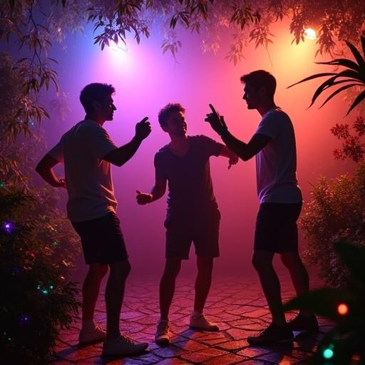 Photographic image of young adults dancing in a garden venue during evening with colored lights illuminating plants.