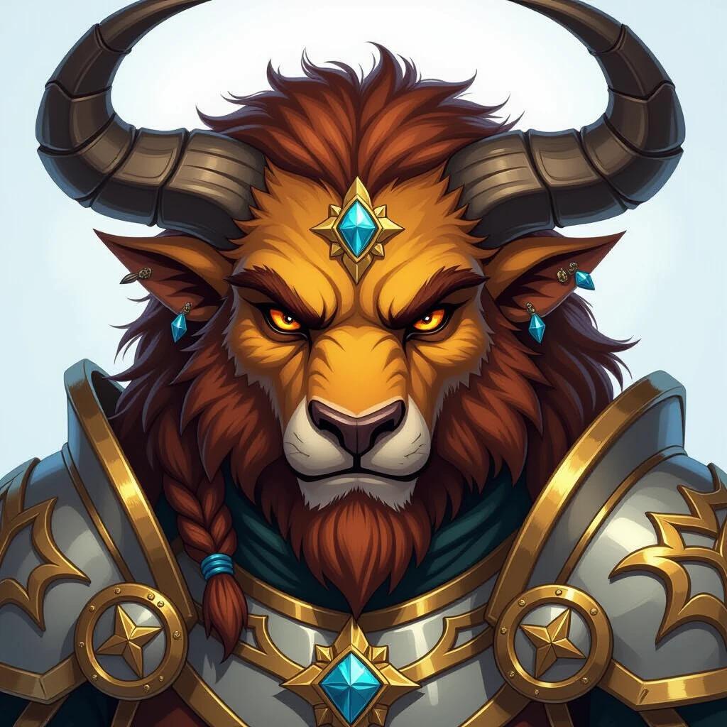 Ultra detailed tauren paladin in full head portrait with a comic book style. The character has brown fur, golden armor, and a fierce expression. Additional features include blue gemstones and horns on the head.