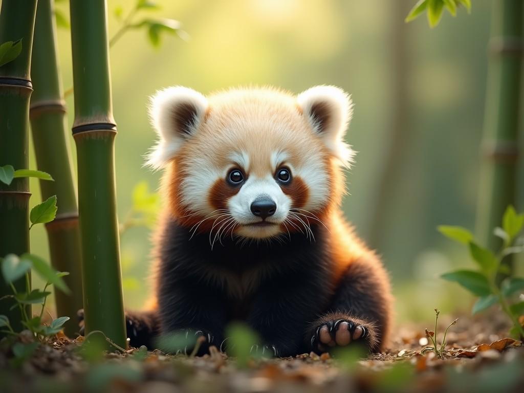 This image features a cute red panda sitting on the forest floor surrounded by bamboo. The red panda has a fluffy coat with vibrant orange and black colors, and its big, round eyes are captivating and full of curiosity. Sunlight filters through the trees, creating a soft, magical glow in the background. The panda looks playful and innocent, resting among the green foliage. It's an enchanting scene that encapsulates the beauty of wildlife and nature.