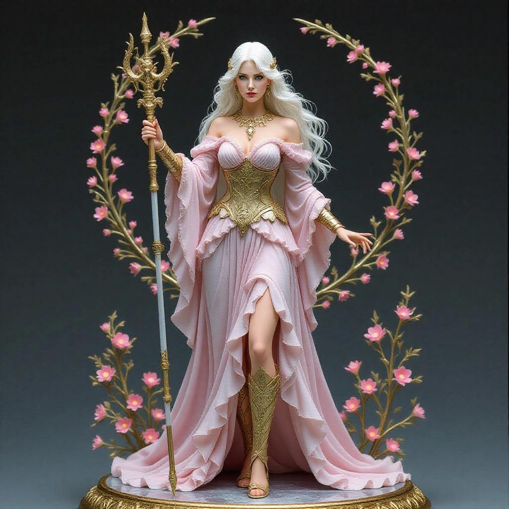 Highly detailed resin sculpture of a goddess inspired by Virgo. Features alabaster-white skin and pure white hair to knees. Dressed in a light pink warrior princess dress with gold details. One leg exposed through a side slit. Standing in a sorceress queen pose, casting floral magic with a delicate flower crown and golden jewelry. Base made of flower petals.