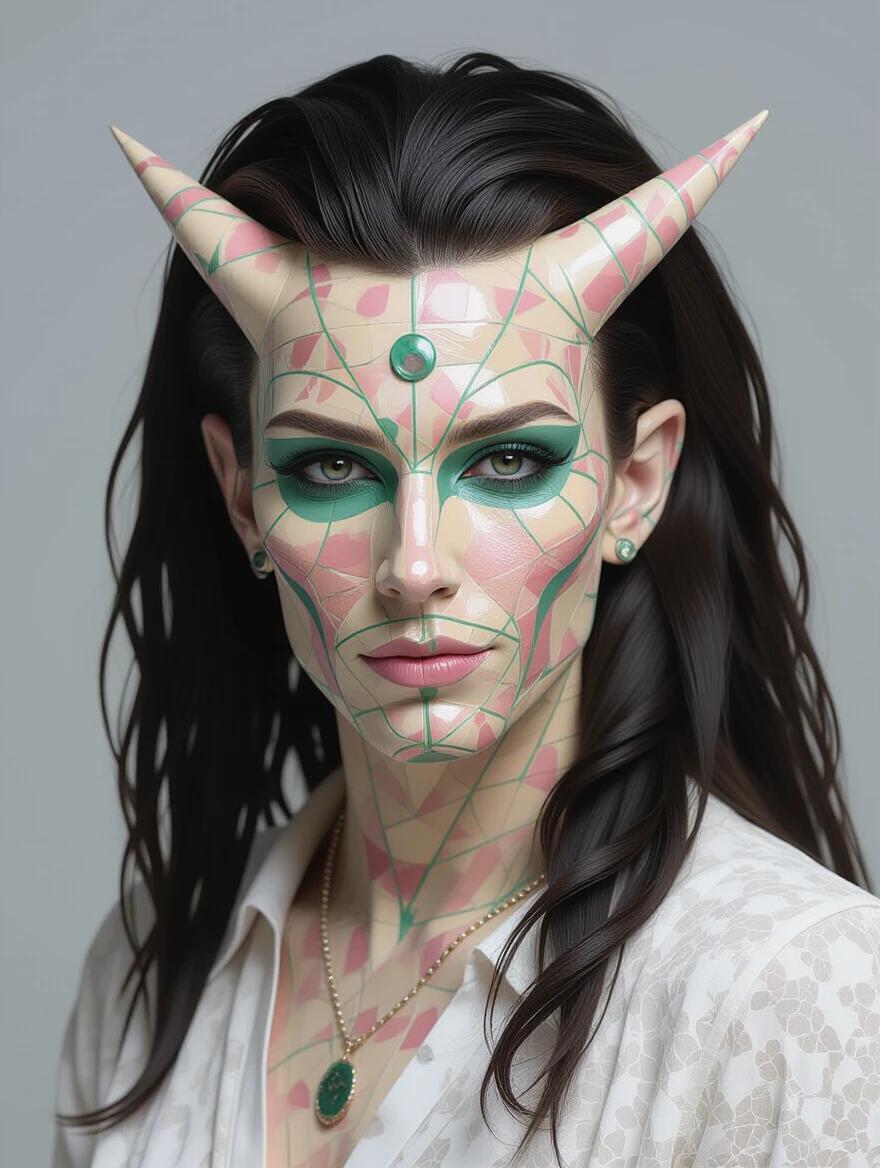 Digital portrait of a male face with 3D design elements. Features intricate patterns on skin and bold makeup. The character has horn-like protrusions and a glamorous appearance.