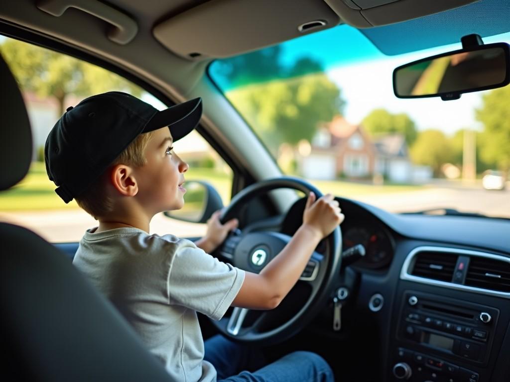 A young boy is learning how to drive in a parked car. He is seated in the driver's seat, gripping the steering wheel with enthusiasm. The bright sunlight filters through the car windows, illuminating his face. The surroundings include a suburban neighborhood visible through the windshield. His expression shows concentration and excitement about his new experience. The interior of the car is clearly defined, making it an engaging scene for viewers interested in parenting and education.