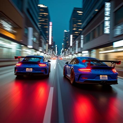 Two blue Porsche 911 GT3 RS cars speed through a narrow city street at night. The view is from behind, slightly elevated. Motion blur captures dramatic acceleration. Red taillights stretch in a blur. Modern buildings reflect subtle city lighting. The scene evokes underground street racing in a nostalgic, cinematic setting.