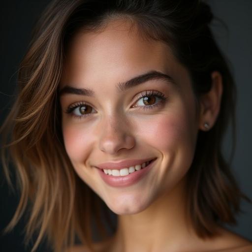 Close-up portrait of a smiling young woman with an asymmetrical hairstyle. One side of hair is medium-length brown and tousled. Other side is an undercut. Minimal makeup with warm skin tone and dimples. Soft studio lighting highlights facial contours. Dark blurred background focuses on her expression. She is looking at the camera with a relaxed smile.