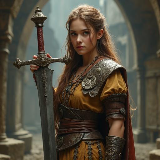 A female gnome fighter in ancient dress stands next to a sword. The gnome is as tall as the sword. She wears traditional armor. Focus on her stance and expression.