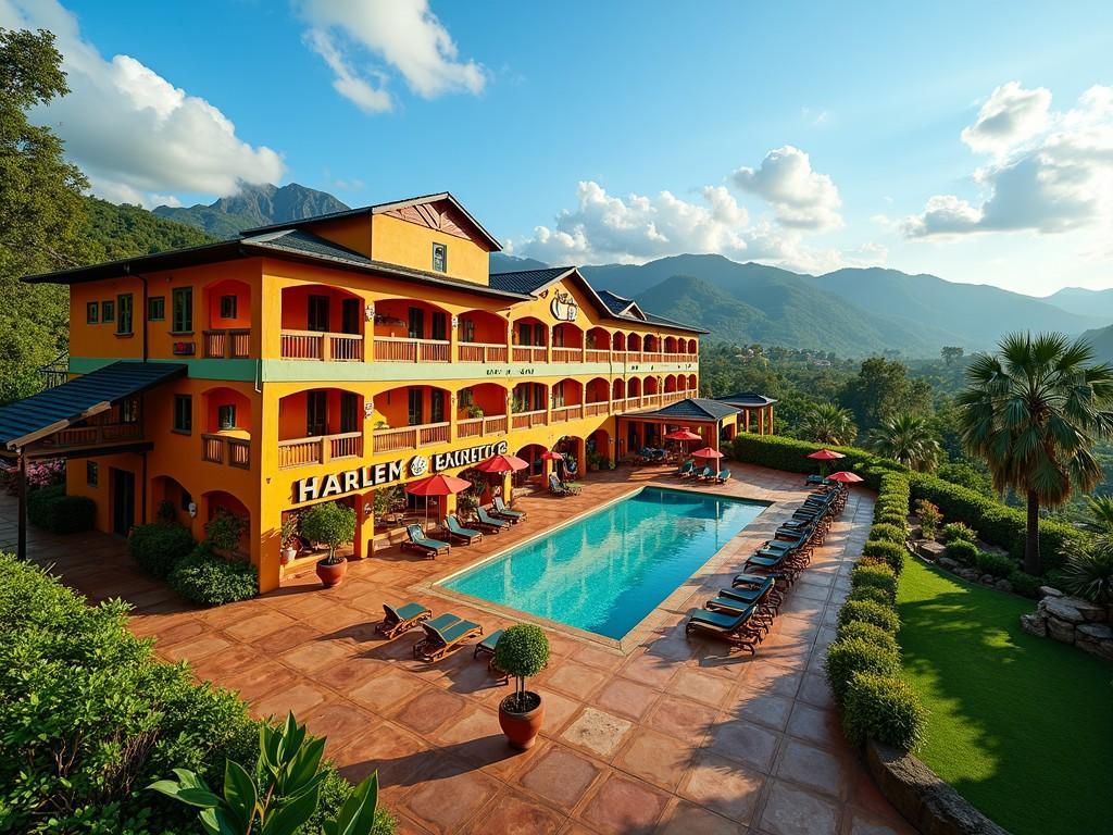 The image depicts a vibrant yellow building labeled 'Harlem Exquisite' nestled in a lush mountainous landscape. It features an inviting swimming pool surrounded by sun lounges, with palm trees and manicured gardens adding to the serene atmosphere. The sky is clear with a few clouds, casting soft shadows and enhancing the warm, inviting tone of the scene.