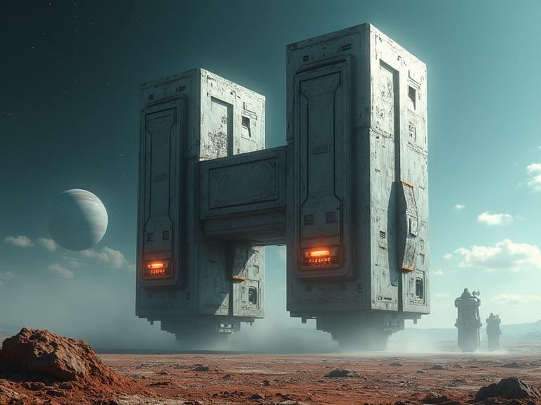 Huge sci-fi blocky bevel H-shaped object with windows and thrusters landing on the planet. Detailed realism with shadows.