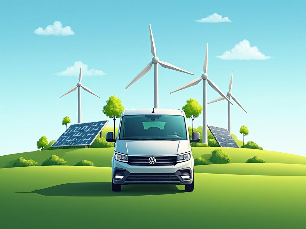 The image features a Volkswagen vehicle positioned prominently at the center, symbolizing eco-friendly transport. Surrounding it are various renewable energy sources, showcasing modern sustainability. In the background, wind turbines spin gracefully, harnessing wind power. To the sides, solar panels capture sunlight, emphasizing green energy. The landscape is bright, with rolling hills and a sunny sky, reinforcing the theme of environmental consciousness.