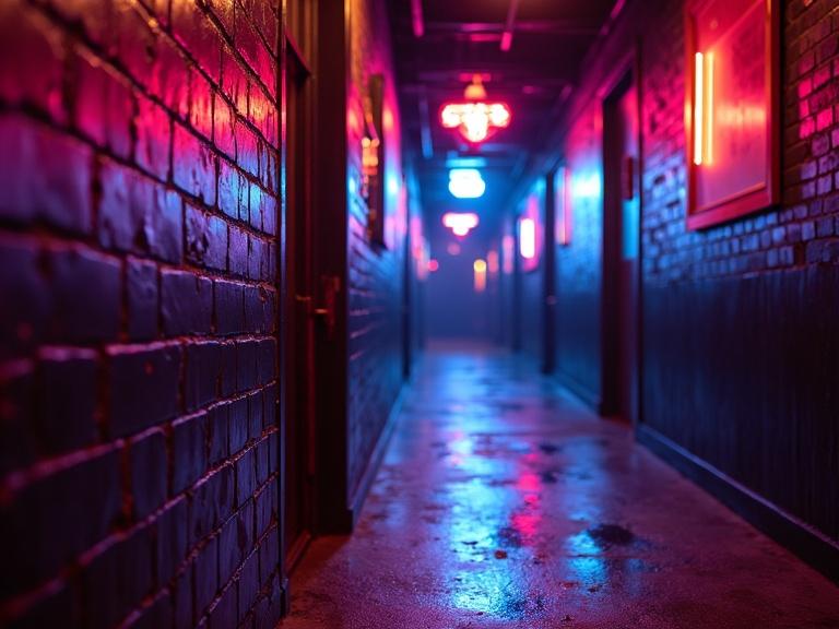 Close-up view of nightclub wall at night with strong perspective. Features bold surfaces like brick and concrete. Vibrant neon lights create dramatic glows and shadows. Architectural lines converge to a vanishing point. Focus on wall materials and lighting effects.