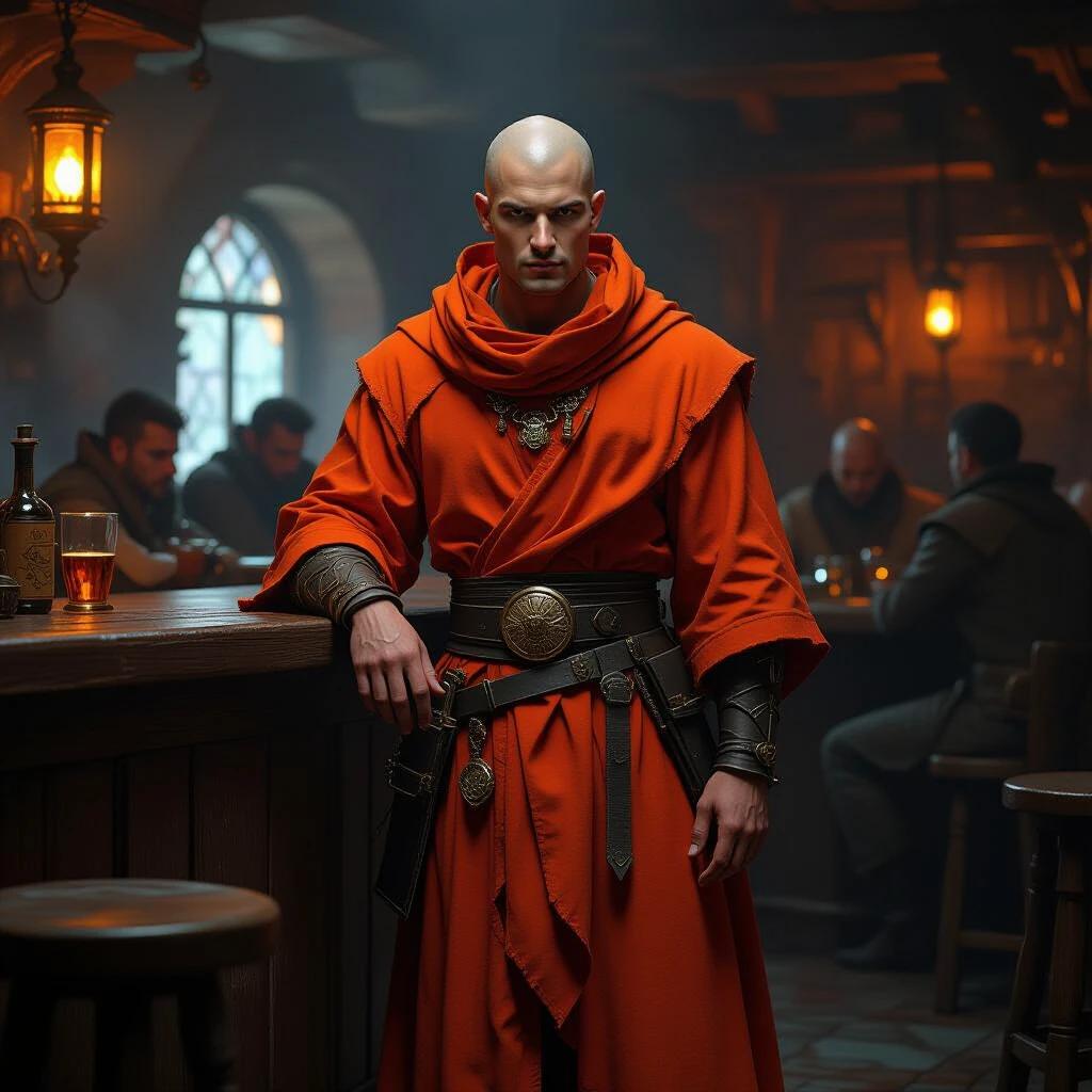 A muscular bald wanderer in vivid orange robes stands in a dark tavern. He leans against the bar while light shines through the smoke. The atmosphere is gritty and magical with low lighting. Background features other patrons in shadow.