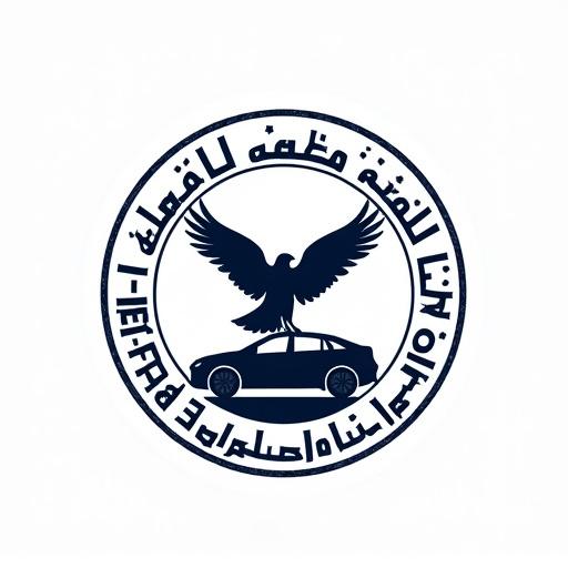 Professional circular company stamp design in Arabic. The name 'شركة أجنحة الصقر لاستيراد السيارات' in elegant Arabic calligraphy. Central design features a stylized falcon with spread wings on a car silhouette. Clean, bold design for official documents. Dark blue or deep red color scheme, fine-line border detailing around the circle.