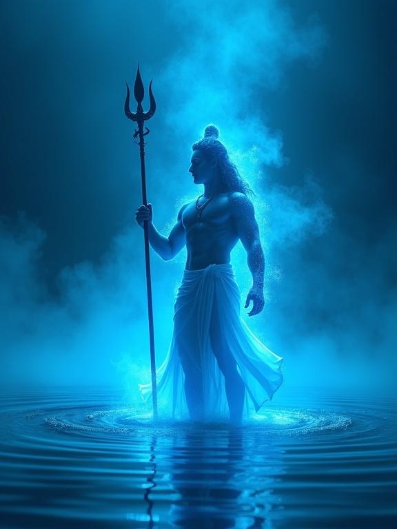 Divine figure of Lord Shiva stands in tranquil water. Radiant blue aura illuminates the scene. Muscular figure with trident exudes strength and serenity. Deep blue background creates a mystical atmosphere. Glowing mist swirls around enhancing the otherworldly feel. Dramatic yet soothing lighting casts highlights on the figure's body and garment. Composition emphasizes centrality and spiritual ambiance. Digital fantasy art style features smooth gradients and sharp details.