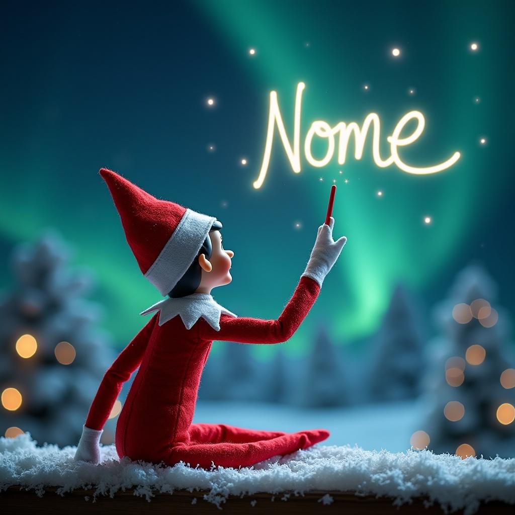 The image depicts an Elf on the Shelf with its back to the viewer, sitting in a snowy landscape. The elf is using a wand to write 'Paul' in the sky. The background is a magical Christmas scene illuminated by vibrant northern lights. The atmosphere is whimsical, with soft lighting accentuating the magical elements. There are hints of festive decorations and softly blurred trees in the background, enhancing the holiday spirit.