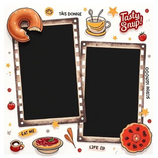 Square film-sticker-style food-themed photo collage with three irregular black photo frames overlapping. Includes bitten donut-shaped frame in upper-left center and jam-splatter-shaped frame in lower-right center. Curved-plate-view-shaped frame in middle-left. White background with retro film strip borders. Doodle decorations like stars, utensils, tomatoes, and coffee mugs. English text stickers like 'Tasty & Snap!' in top right and label-style phrases like 'Eat Me', 'So Good', 'Spice Up' near frames. Fun scrapbook aesthetic with bold black photo zones.