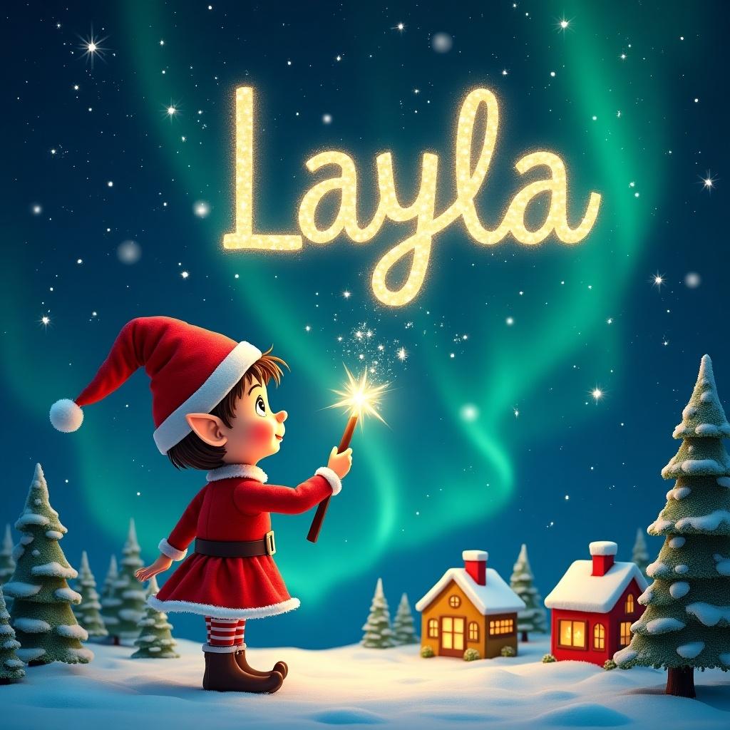 Elf using a magical wand to write Layla. Name in sparkling letters against a starry night sky. Elf gazes at magical sky. Wearing vibrant red outfit and pointed hat. Holding glowing wand. Charming landscape with little houses and evergreen trees. Illuminated by Northern Lights.