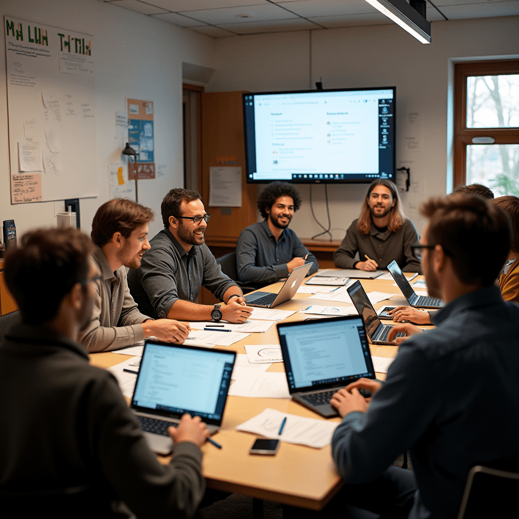 A diverse group of people engaged in a lively team meeting, surrounded by laptops and notes.