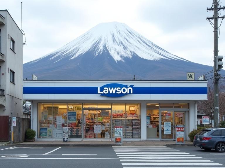 Photograph of a Lawson convenience store during daytime. Overcast sky above. Snow-capped Mount Fuji seen in the background. Store features large glass windows with a blue and white Lawson sign. Inside, shelves with various products visible. Posters decorate the walls. Empty parking lot in front, zebra crossing leads to the store. Minimal traffic observed. Urban environment showcasing Japanese architecture. Slightly desaturated colors, realistic style. Calm atmosphere with no people present. Focus on the convenience store and Mount Fuji. Wide horizontal composition capturing urban landscape in Japan during winter.