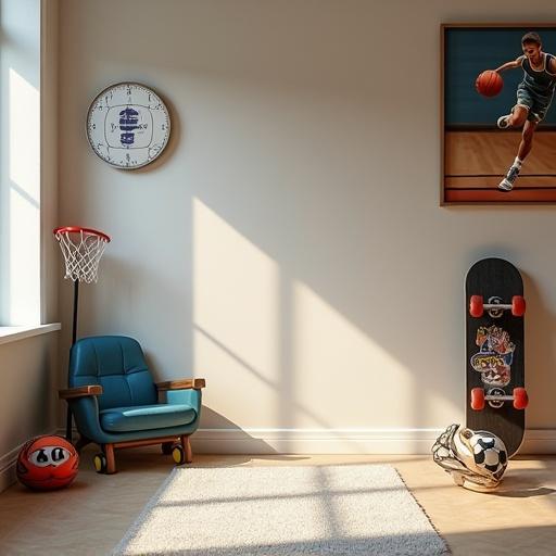 Sporty children's room designed for a 10-year-old boy. Room features skateboard on the wall, soccer ball on the floor, basketball poster, neutral textured flooring, warm lighting, spacious center area. No children or people included.