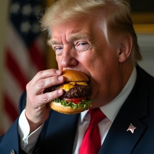 Portrait of a man eating a small burger in a sociopolitical setting. The background features an American flag. The man is focusing on the burger with a playful expression.