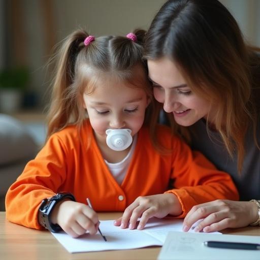 A girl does homework at a table at home. She wears an orange jumpsuit and has handcuffs. A mother assists with homework while eating a pacifier. Focus on both doing educational activities without showing faces.